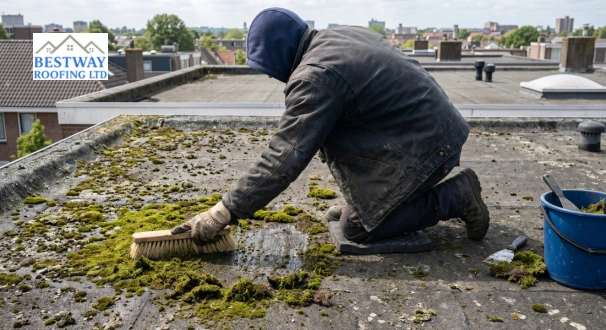 Person using a soft brush to remove moss from a flat roof surface