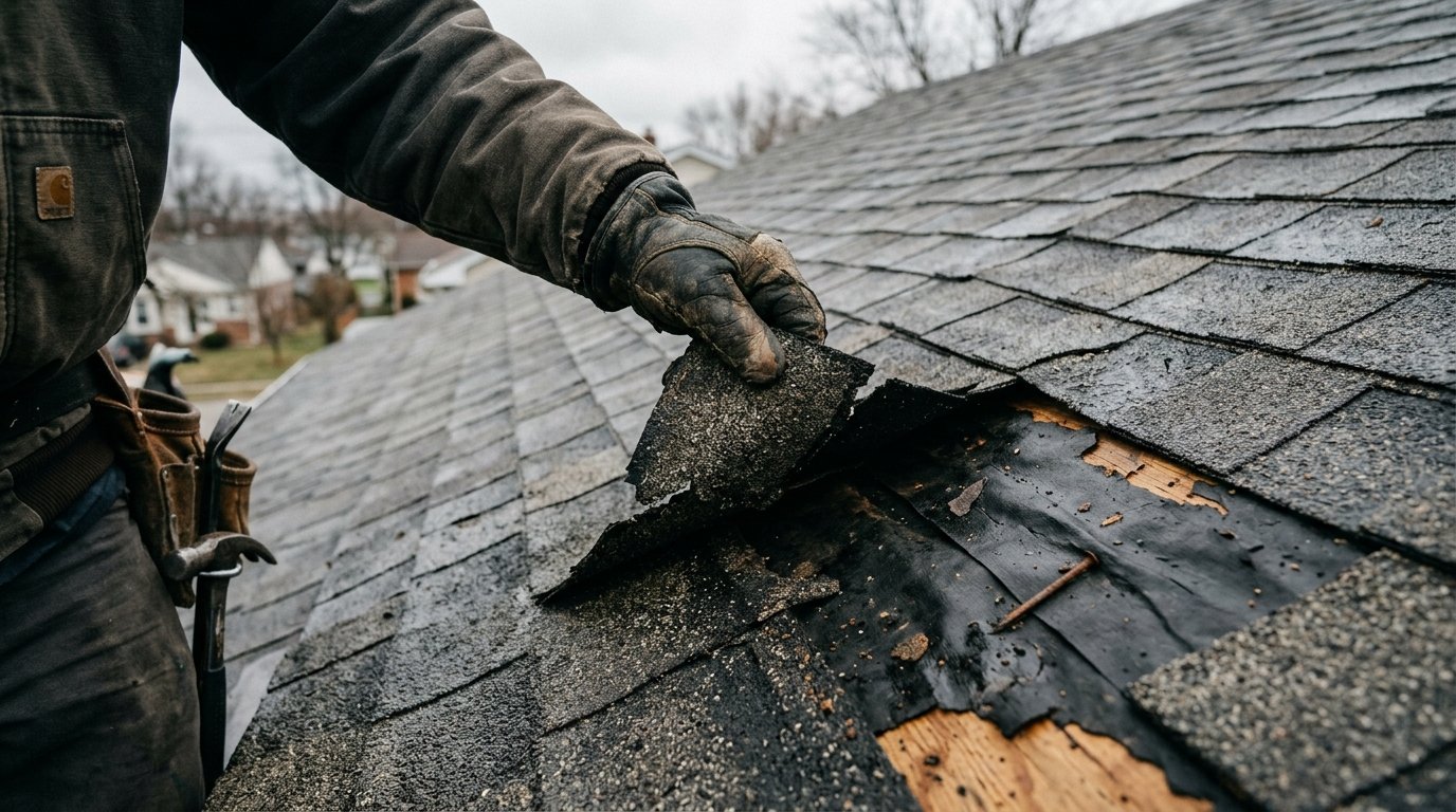 Roofers in Springfield inspecting storm damage roof